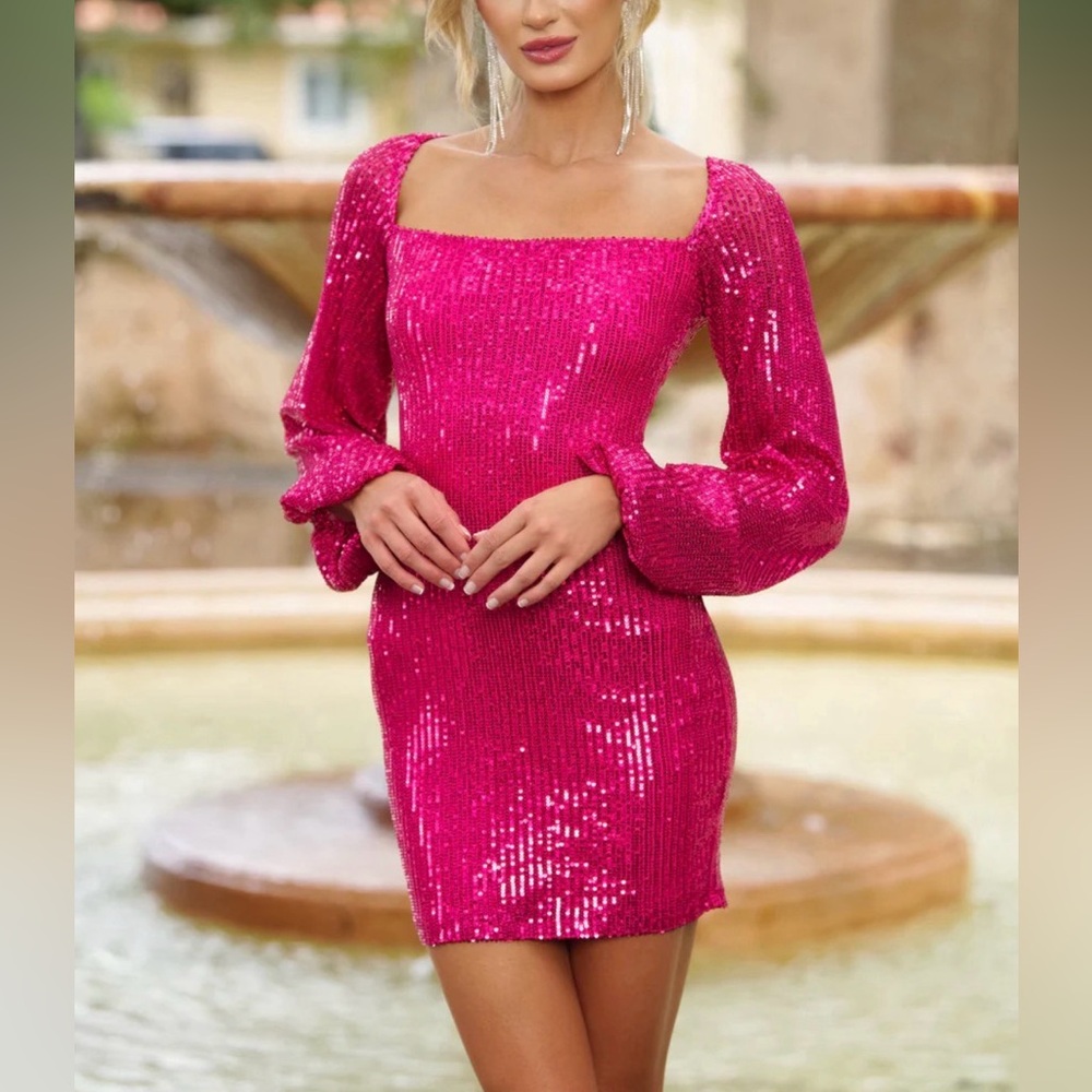 #103 Barbie Hot pink sequin long balloon elastic sleeves dress - Medium -Size 8